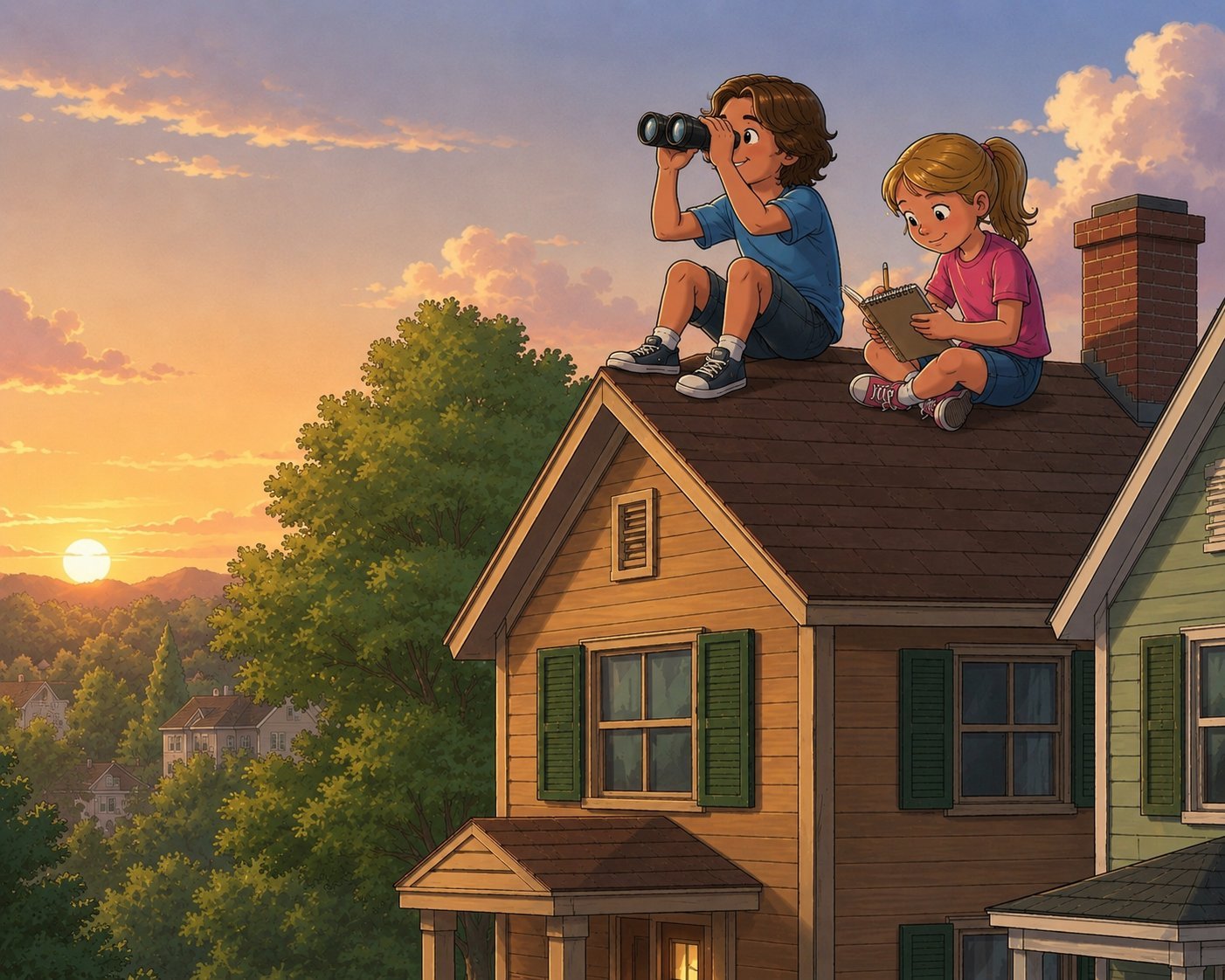 Illustration of two kids keeping watch from a rooftop while house sitting