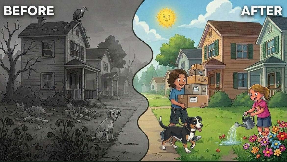 Illustration showing a rundown neighborhood transforming into a bright, cared-for one with kids helping out